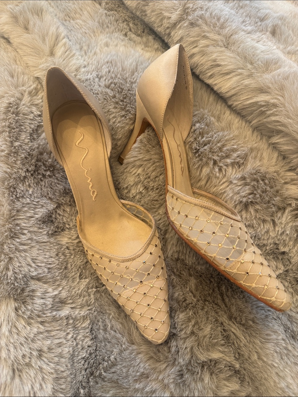 Nina Beige D'Orsay Pointed-Toe Heels with Mesh Lattice